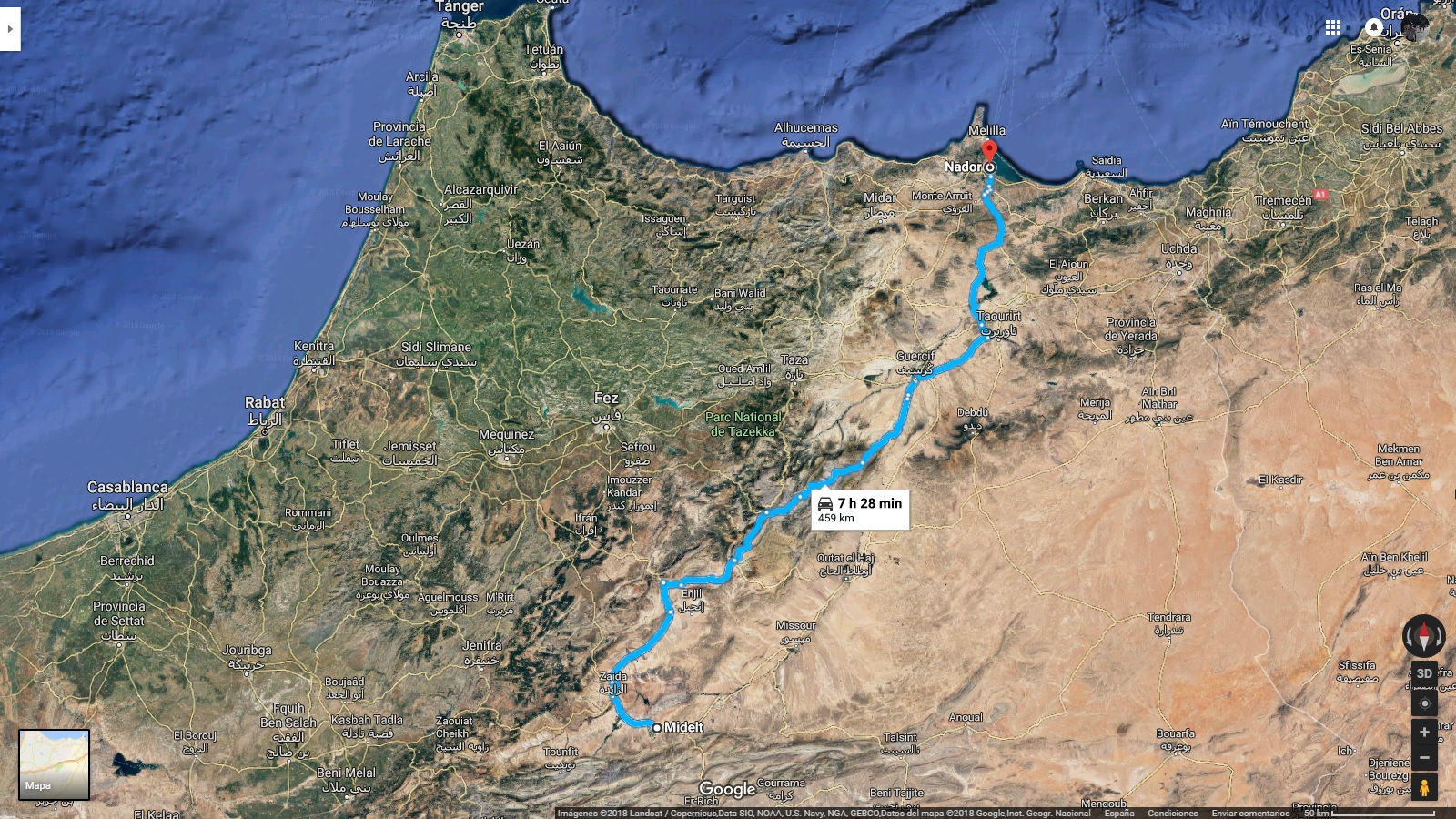 Mapa ruta Midelt-Nador
